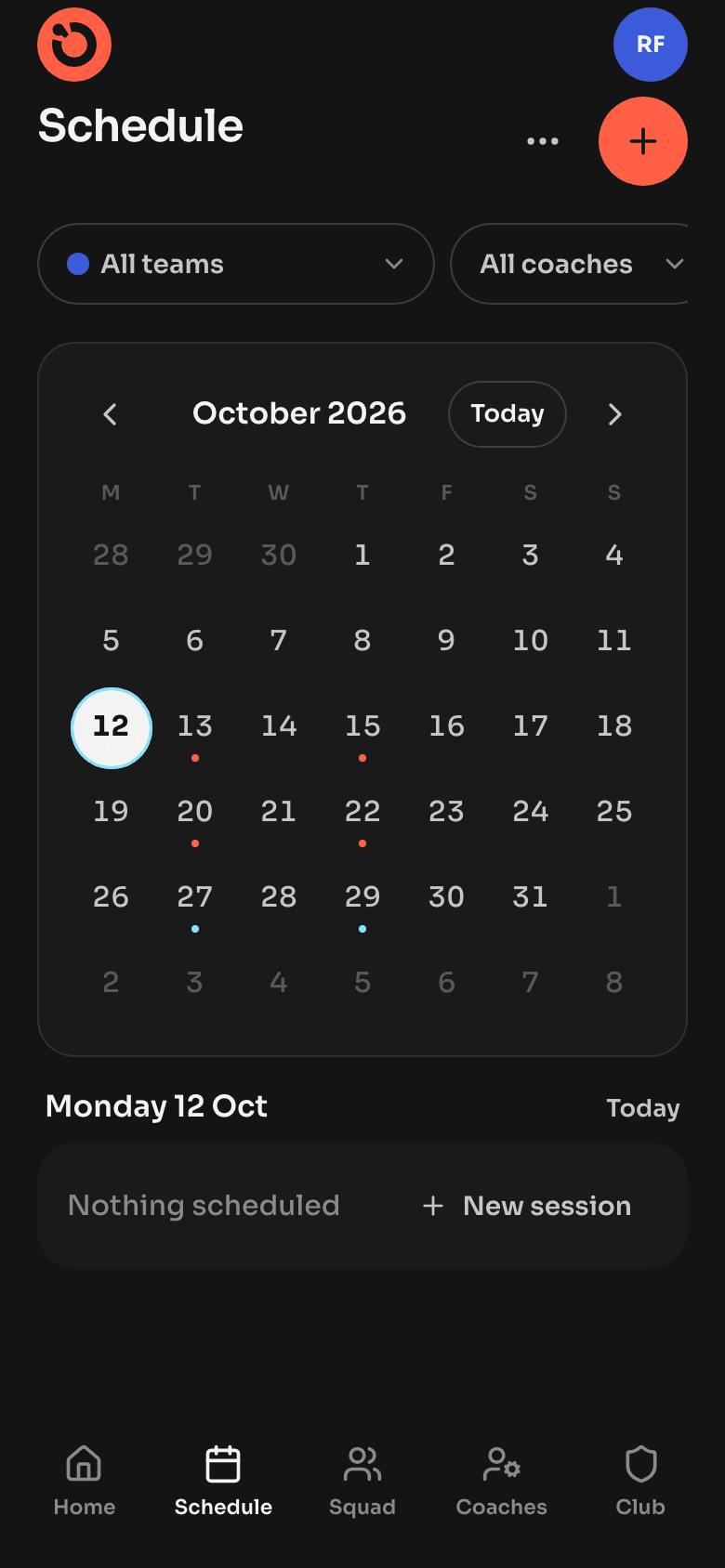 A club admin’s training calendar in whstl, with every team’s sessions marked.