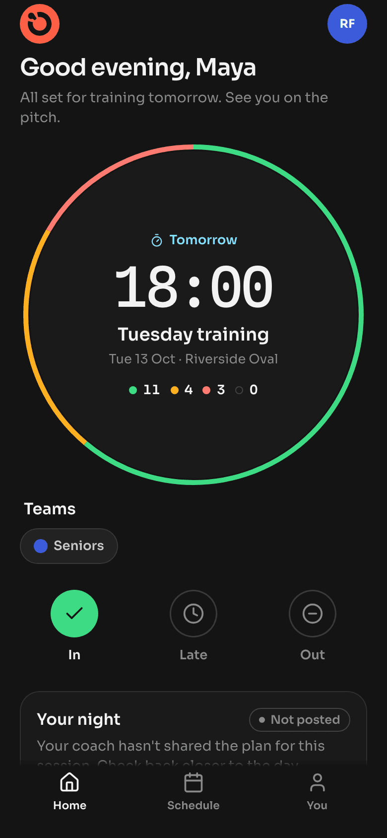 A player’s home in whstl: the next training session as a large clock, with In, Late and Out.