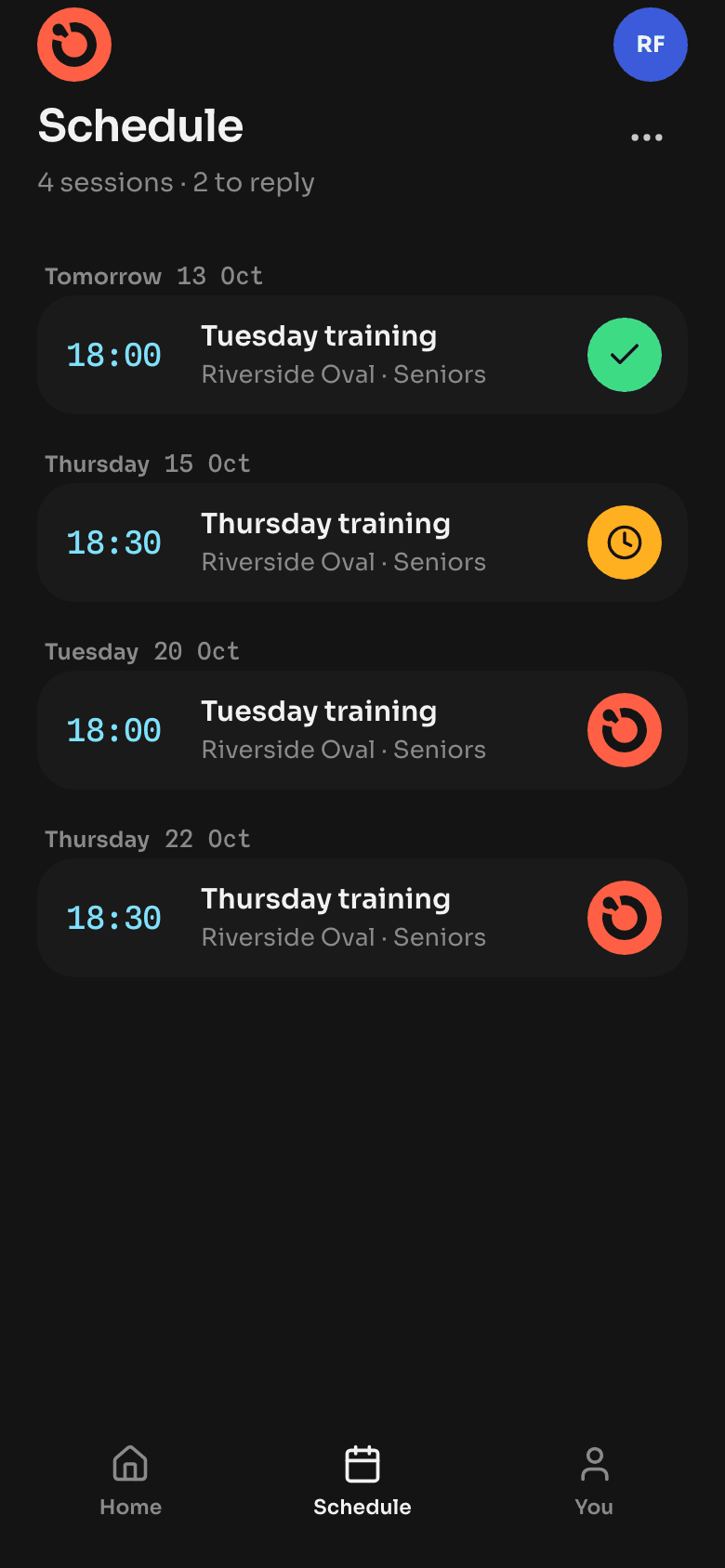 A player’s training schedule in whstl, with a reply for each session.